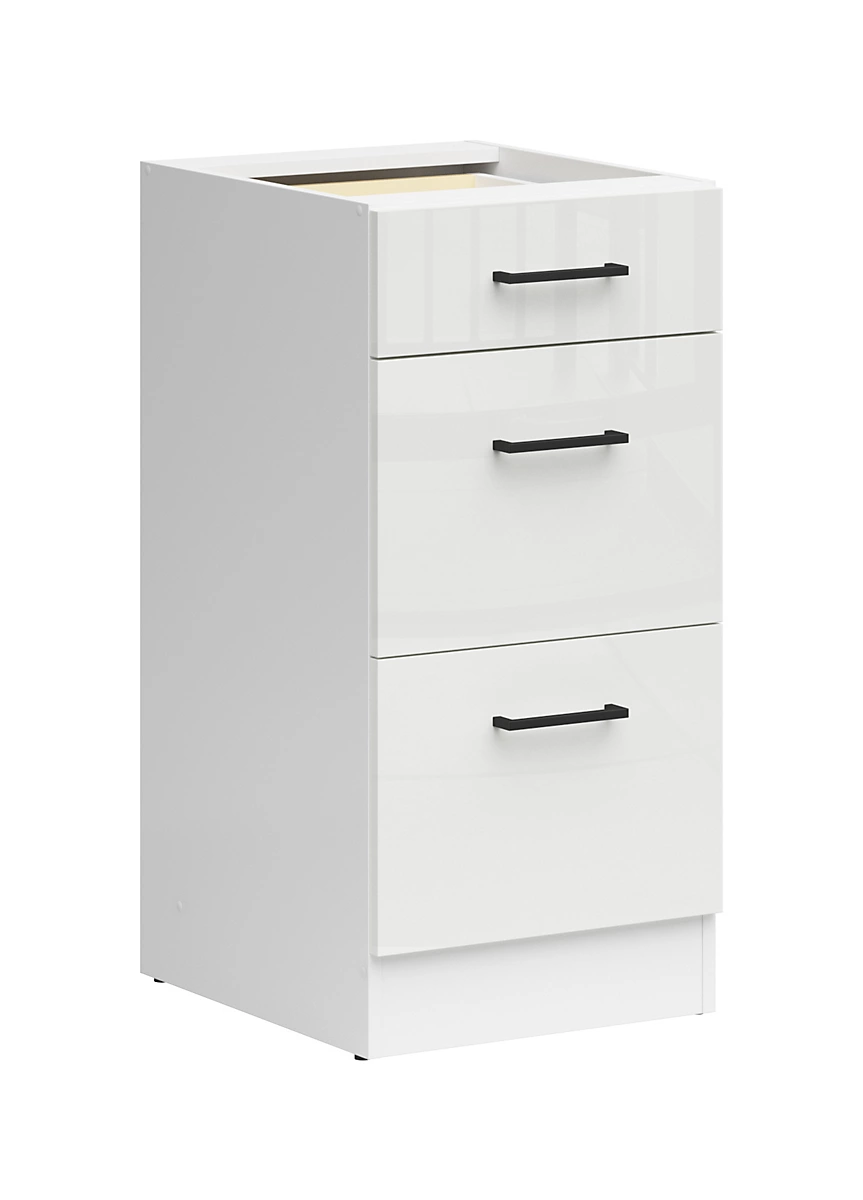 kitchen-drawer-unit-base-cabinet-400mm-cupboard-chalk-white-gloss-3-drawer-storage-junona~5061013523806_02c_MP S&S Cabinets with Handles Chalk White Gloss Kitchen Cabinet Drawer Base Unit 720mm (W)500mm (D)570mm - Image 1